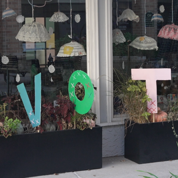 A sign reading vote outside the Fraser Shops polling place