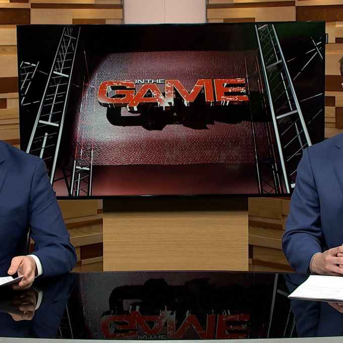Sam Kirk and Ethan Zaretsky sit at the anchor desk in studio to host "In The Game."