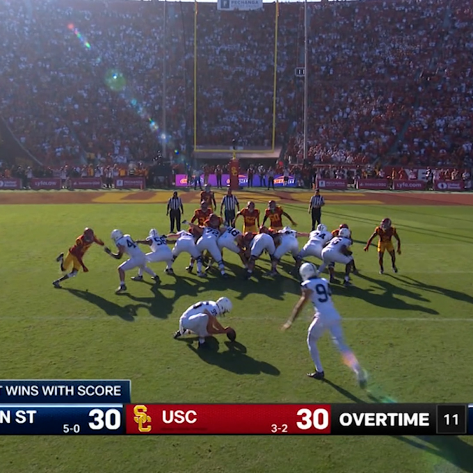 Penn State Kicker Ryan Barker attempting the game-winning field goal