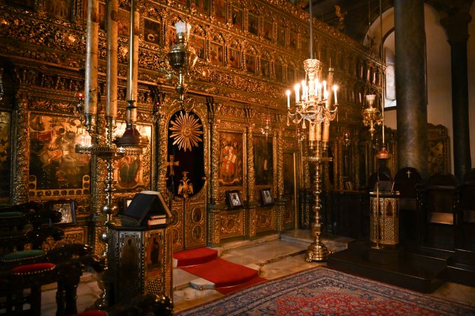 A golden wall, laden with icons in the Church of St. George (Photo by James Engel)