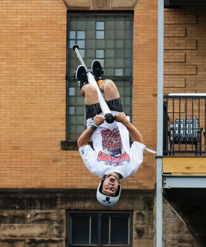 Man hops on a hula hoop