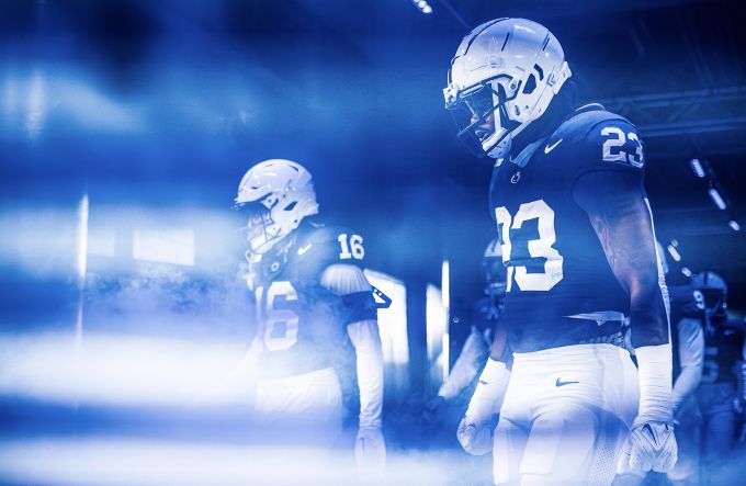 Blue-and-white lit football player
