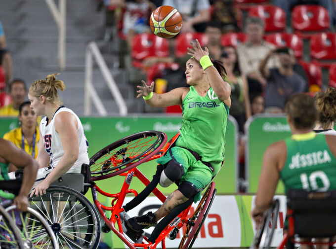 Wheelchair basketball player attempts shot