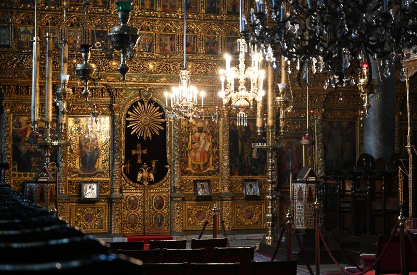 A golden wall, laden with icons in the Church of St. George (Photo by James Engel)