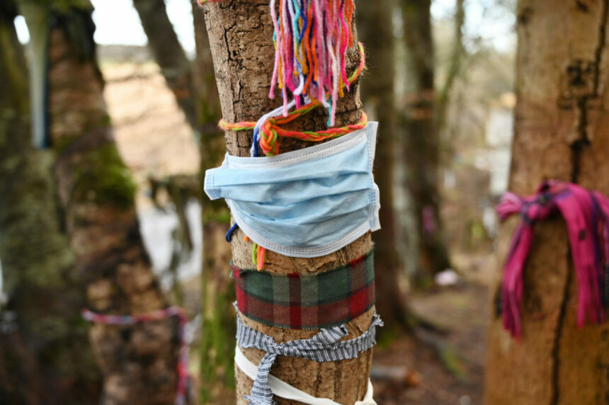 Bright pieces of cloth and masks are tied around a narrow tree.